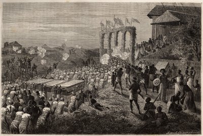 Un cortejo nupcial en Tete (Mozambique). Grabado para ilustrar los primeros viajes del Dr. Livingstone al sur de África de 1840 a 1856, en “Le tour du monde, nouveau journal des voyages” publicado bajo la dirección de Edouard Charton de Unknown artist