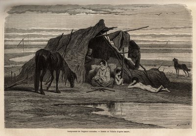 Un campamento de gitanos nómadas en las llanuras del norte de Bosnia. Grabado para ilustrar los recuerdos de viaje entre los eslavos del sur, por Georges Perrot, en 1868, publicado en “Le tour du monde” 1870-1871, editado por Edouard Charton, edición Hache de Unknown artist