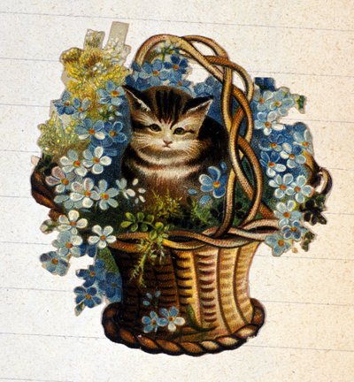 Un gato en una cesta de flores. Cromolitografía del siglo XIX. de Unknown artist