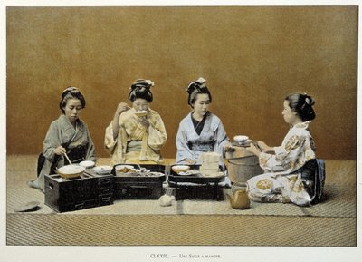 Un comedor en Japón: mujeres comiendo arroz con palillos y una de ellas sirviendo té - finales del siglo XIX de Unknown artist