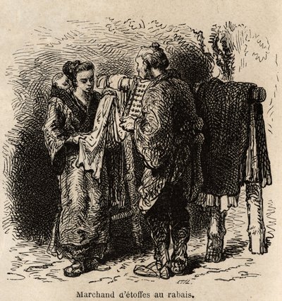 Un comerciante de telas con descuento hace el artículo a una joven que lleva a su bebé en la espalda. Grabado para ilustrar el viaje a Japón, por Aime Humbert, ministro de la Confederación Suiza, en 1863-1864, publicado en “Le tour du monde, nouveau journa de Unknown artist