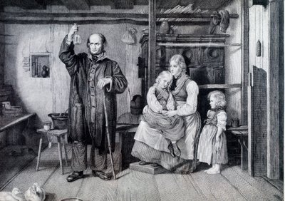 Un médico examinando una botella, probablemente un vial de orina, durante una visita a una madre y sus dos hijos viviendo en la pobreza de Unknown artist