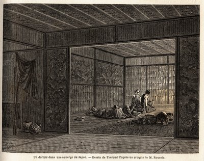 Un dormitorio en una posada en Japón. Grabado para ilustrar el viaje a Japón en 1863-1864, por Aime Humbert, ministro de la Confederación Suiza, en 