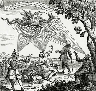 Un dragón visto desde diferentes ángulos visuales, basado en un grabado en cobre de “Oculus artificialis teledioptricus” de Zahn de Unknown artist