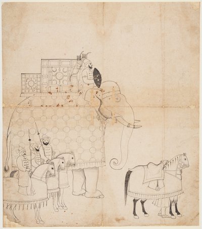 Un dibujo de elefantes y caballos enjaezados de Unknown artist