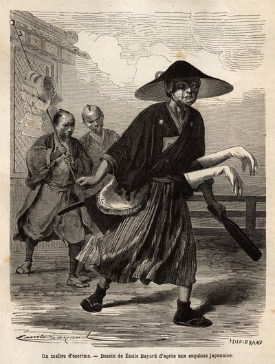 Un maestro de esgrima, seguido por dos ayudantes que llevan su material, el maestro desliza sus guantes blancos sobre las mangas de sus espadas. Grabado para ilustrar el viaje a Japón, en 1863-1864, por Aime Humbert, ministro de la Confederación Suiza, en  de Unknown artist