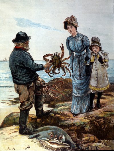 Un pescador muestra a una madre y su hija un gran cangrejo de Unknown artist