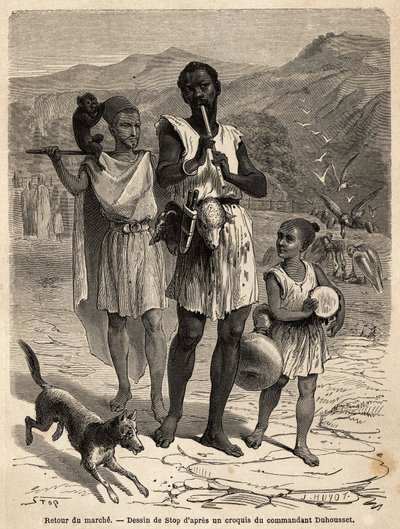 Un flautista, acompañado por un pequeño tamborilero y un espectáculo de monos; las dos cabezas de oveja colgando del cinturón del líder de la banda serán su cena. Grabado para ilustrar la excursión a la gran Kabilia, entre el Mediterráneo y el Djurjura, en de Unknown artist