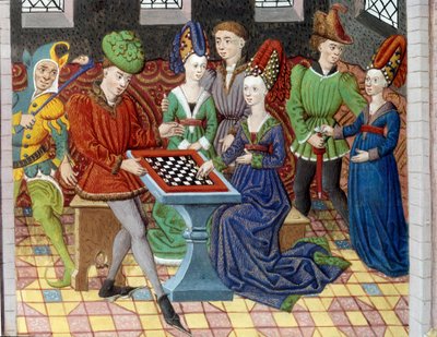 Una partida de ajedrez entre dos cortesanos en la sala de un castillo. Miniatura tomada de la “Historia de Alejandro Magno” (o Alejandro III de Macedonia (356-323 a.C.)) de Unknown artist