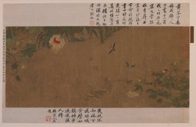 Una pieza de jardín: flores, saltamontes luchando, hormigas y otros insectos de Unknown artist