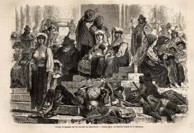 Un grupo de campesinos y pastores se reúnen para la celebración de la Semana Santa en los escalones de San Pedro en el Vaticano. Grabado para ilustrar la historia de la Semana Santa en Roma, en 1863, por Ludovic Celler, en “Le tour du monde, nouveau journa de Unknown artist