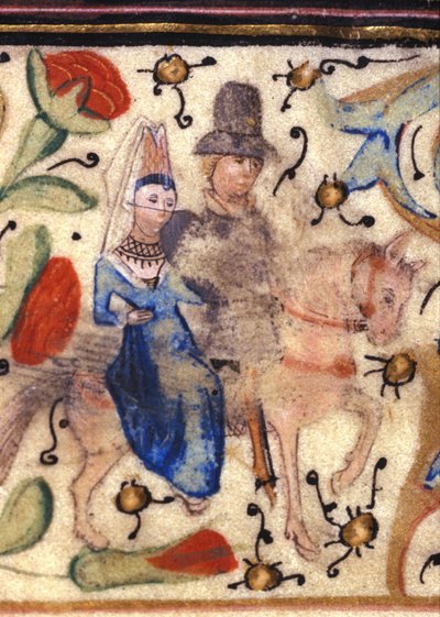Un caballero y su dama: Iluminación francesa del siglo XIV de un manuscrito de Petrarca (Francesco Petrarca). Biblioteca comunale di Rimini de Unknown artist