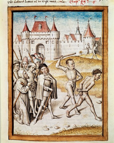 Un hombre es llevado al tormento. Miniatura de una traducción alemana de las fábulas de Bidpai Kalila y Dimna de Unknown artist