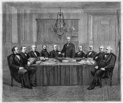 Reunión del Consejo de Ministros en Versalles. De izquierda a derecha: Louis Buffet (1818-1898), Ministro del Interior; Léon Say (1826-1896), Ministro de Finanzas; Henri Wallon (1812-1904), Ministro de Instrucción Pública, Culto y Bellas Artes; Alfred  de Unknown artist