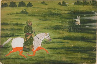Un hombre montado cazando pájaros con un halcón de Unknown artist