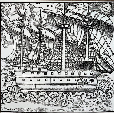 Un navegante en una carabela portuguesa usando un astrolabio. Grabado de las historias de viaje del navegante alemán Hans Staden de Unknown artist