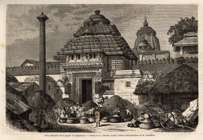 Un paseo popular frente a la puerta principal de la Pagoda Djaghernaut (construida alrededor de 1200), una ciudad sagrada y sitio de peregrinación en el sur de Bengala. Grabado para ilustrar el viaje en las provincias meridionales de India, por Alfred Gran de Unknown artist