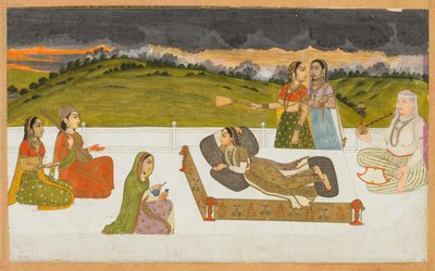 Una princesa recostada en una terraza con asistentes. de Unknown artist