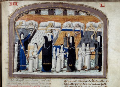Una sala del Hôtel-Dieu en París llena de enfermos asistidos por las monjas. Cada monja simboliza una virtud necesaria para la asistencia de los enfermos: prudencia, fortaleza, justicia. Miniatura de un manuscrito de 1482. París. Museo de la Asistencia Púb de Unknown artist