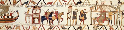 Una escena del Tapiz de Bayeux que muestra al Rey Eduardo hablando con Harold de Unknown artist