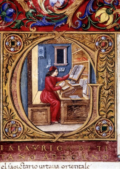 Un erudito - en la pared, una de las primeras representaciones de un péndulo (letra "g"). Manuscrito del siglo XV de Unknown artist