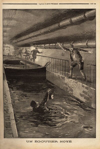 Un segador de París se ahoga al limpiar una derivación fangosa. Grabado en "Le petit journal" 15/9/1899. Colección Selva de Unknown artist
