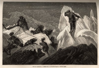 Un trineo y su tripulación perdidos en los Hummocks, bloques de hielo que animan la superficie del hielo. Grabado para ilustrar el viaje al mar libre del polo Ártico, por el Doctor Hayes, cirujano de la Marina de los Estados Unidos, en 1860-1862, publicado de Unknown artist