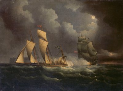 Un lugre de contrabando perseguido por un bergantín naval, c.1825 (óleo sobre lienzo) de Unknown artist