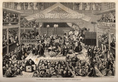 Un escenario del teatro japonés, en Yokohama, con tres galerías para la recepción de espectadores; los actores actúan en un escenario alto, cada uno acompañado por un hombre que sostiene una vela en el extremo de un palo largo; durante la actuación, no es  de Unknown artist