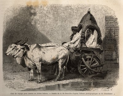 Un tanque de viaje tirado por dos bueyes blancos, para damas o hindúes adinerados. Grabado para ilustrar el viaje en las provincias meridionales de la India, por Alfred Grandidier, en 1862-1864, publicado en “Le tour du monde”, bajo la dirección de D