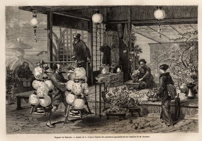 Un vendedor ambulante de linternas pintadas pasa por una tienda de flores en Yedo (o Edo, actual Tokio), donde una mujer crea una composición de grandes flores, mientras que el tamaño de bonsái es más bien un arte masculino. Grabado para ilustrar Japón, hi de Unknown artist