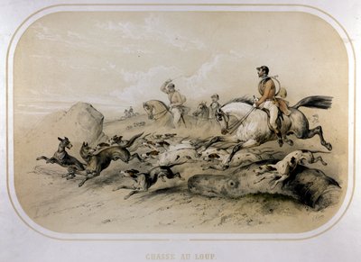 Caza de lobos. Grabado del siglo XIX de Unknown artist