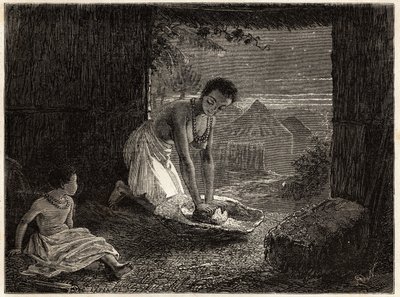Una mujer moliendo grano en un quemador, el molino consiste en un bloque estacionario de granito en forma de canal y una pieza de cuarzo convexa. Grabado para ilustrar los primeros viajes del Dr. Livingstone al sur de África de 1840 a 1856, en “Le tour du  de Unknown artist