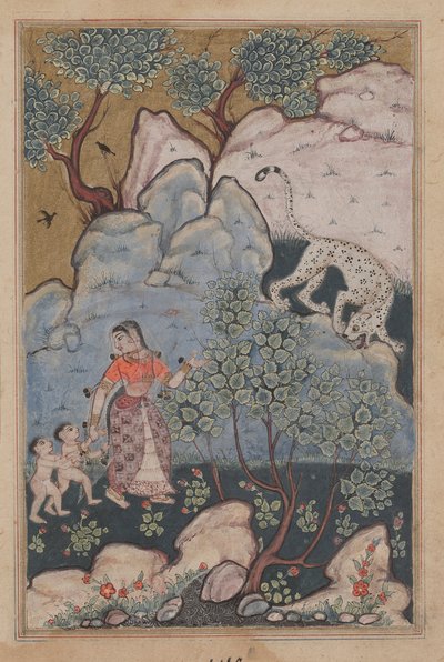 Una mujer con dos niños, habiendo abandonado su hogar, se adentra en el bosque donde se encuentra con un leopardo, de un Tuti-nama (Cuentos de un Loro): Trigésima noche de Unknown artist
