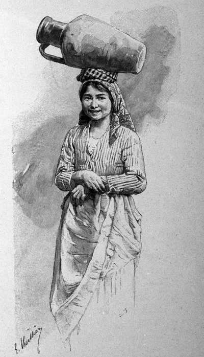 Una joven siciliana llevando una jarra en la cabeza. de Unknown artist