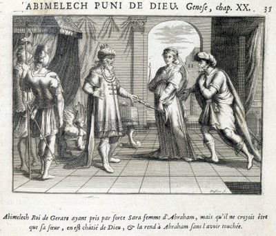 Abimelec entrega a Sara a Abraham - Biblia, grabado de Unknown artist