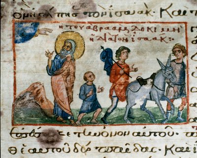 Abraham recibe la orden de Dios de ir al Monte Moriah para sacrificar a su hijo Isaac. Miniatura del “Codex de l
