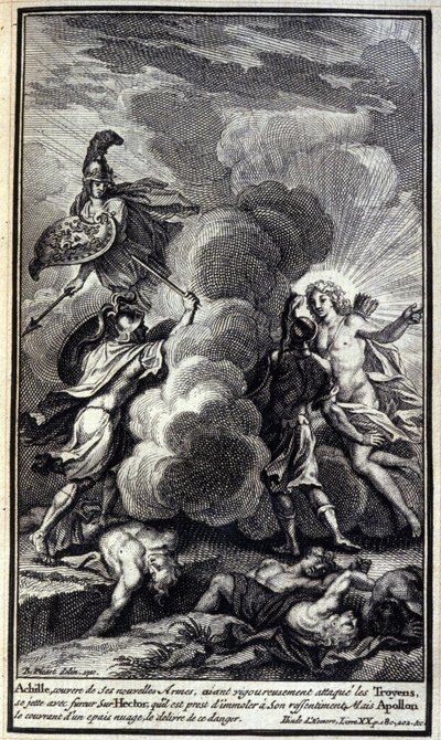 Aquiles, cubierto con sus nuevas armas, habiendo atacado rigurosamente a los troyanos, se lanza con furia sobre Héctor, a quien estaba listo para matar por su resentimiento, pero Apolo lo cubre con una espesa nube y lo libera de este peligro. Ilustración d de Unknown artist