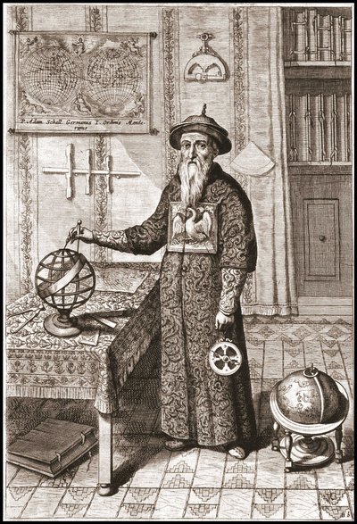 Adam Schall, astrónomo (1592-1666) en traje mandarín, con globos terráqueos y celestes y astrolabio - en 