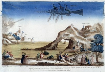 Pez aerostático elevado en Plasencia, España, dirigido por Dom Joseph Patinho, volando hacia la ciudad de Coria en las orillas del río Arragón (12 leguas de Plasencia) el 10 de marzo de Unknown artist