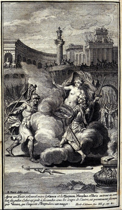 Después de un trato solemne entre los griegos y los troyanos, Menelao y Paris entraron en una batalla singular. Este, a punto de sucumbir bajo los golpes del otro, es rescatado por Venus que lo lleva a Troya en una nube. Ilustración del libro III de la Ilí de Unknown artist