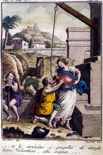 Agar en el pozo: me acerco a ella y le pido que me dé de beber. Ella responderá... Grabado de principios del siglo XIX. de Unknown artist