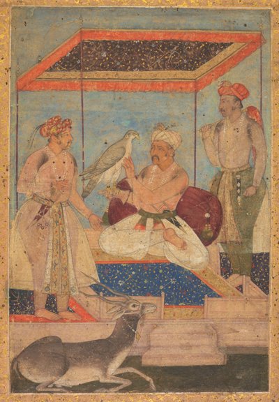 Akbar y Jahangir examinan un Ghir Falcon mientras el príncipe Khusrau está detrás de Unknown artist