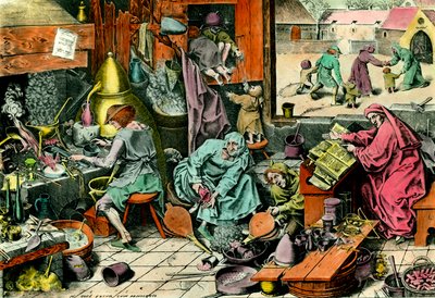 Laboratorio de alquimia. Un alquimista consultando un grimorio. Grabado del siglo XVI. Colección privada de Unknown artist