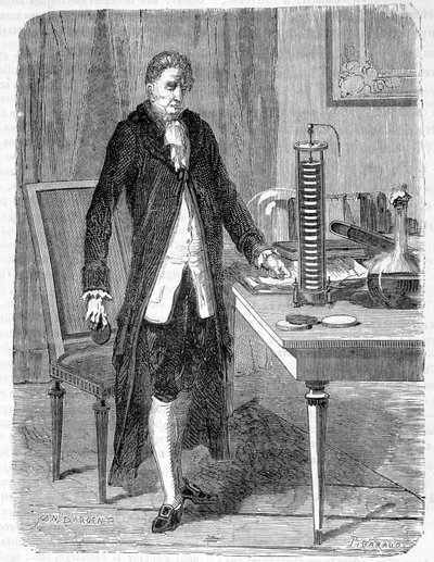 Alessandro (Alexandre) Volta construyó, en 1799, el electro-motor o batería eléctrica - grabado de Unknown artist