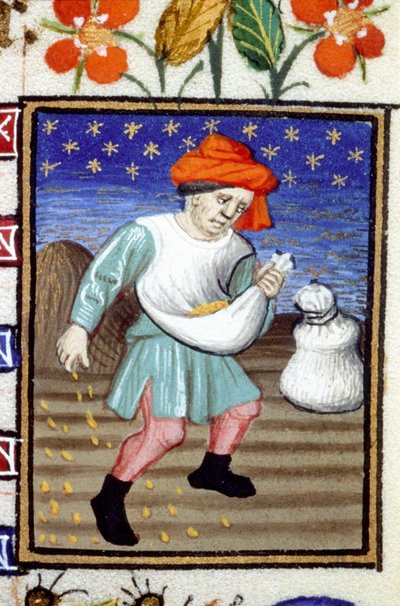 Representación alegórica de octubre. Un campesino sembrando grano. Miniatura de un manuscrito del siglo XIV. de Unknown artist
