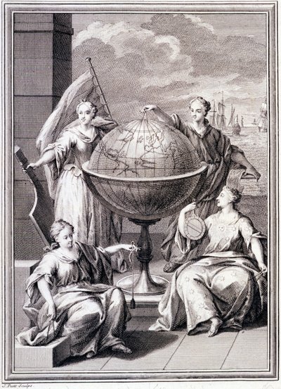 Alegoría de la Exploración del Mundo - en “Viaje Histórico de América del Sur realizado por Orden del Rey de España”, por Don Georges Juan y Don Antoine de Ulloa, Librería del Rey, París de Unknown artist