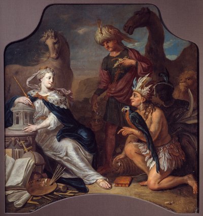 Alegoría de los Cuatro Continentes. Europa a la izquierda, detectando patrimonio, cultura y las artes, frente a América, Asia y África (en las sombras), rindiéndole homenaje. Escuela anónima, siglo XVIII de Unknown artist