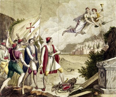 Alegoría del resurgimiento del sentimiento nacionalista de Grecia bajo la dominación otomana que llevó a la Guerra de Independencia Griega (1821-1830) o la Revolución Griega. de Unknown artist