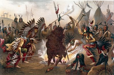Ritual de los indios americanos (indios de las llanuras del sur de Dakota): Danza de guerra Sioux. Cromolitografía de “La raza humana” de Ratzel, aproximadamente 1890 de Unknown artist